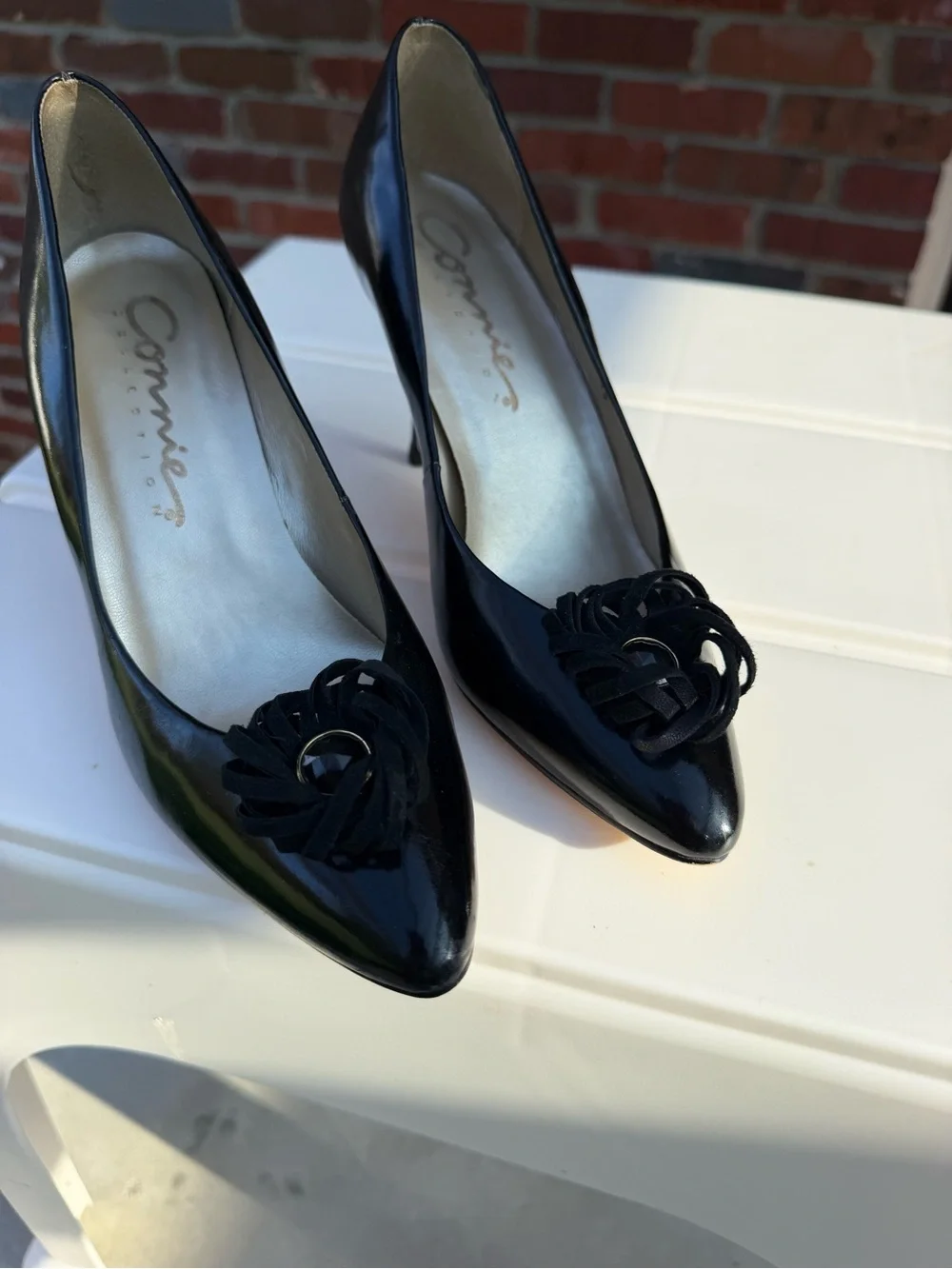 Vintage 1980s-90s Black Patent Pointed Toe Pumps with Rosette Accent